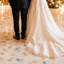 Noivos vistos de costas em festa de casamento, com notas de dinheiro espalhadas pelo chão ao redor do vestido da noiva.