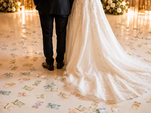 Noivos vistos de costas em festa de casamento, com notas de dinheiro espalhadas pelo chão ao redor do vestido da noiva.