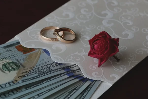 Imagem de um convite de casamento com dinheiro dentro, sobre o convite há alianças de casamento e uma rosa.