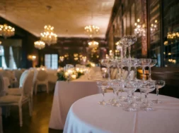 Taças de champanhe empilhadas sobre uma mesa em um elegante salão de festas decorado para casamento ou evento, com mesas, cadeiras e lustres ao fundo.