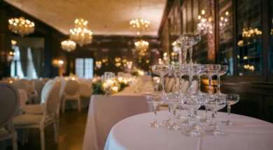 Taças de champanhe empilhadas sobre uma mesa em um elegante salão de festas decorado para casamento ou evento, com mesas, cadeiras e lustres ao fundo.